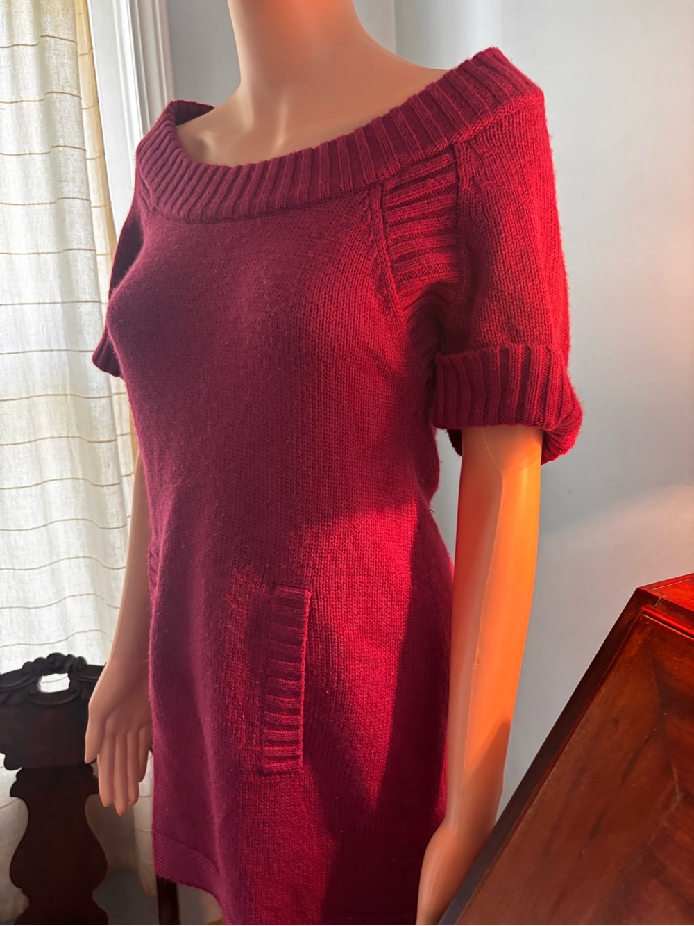 New York & Company Off-Shoulder Short Sleeve Sweater Dress - Burgundy pink